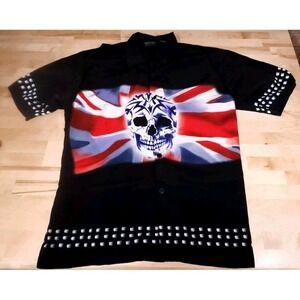 Y2K Dragonfly Union Jack Skull Mens 2XL Short Sleeve Button Down Shirt